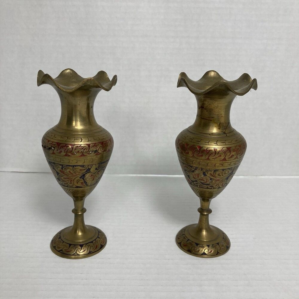 VTG Brass Etched Enameled Vases British India Scalloped Edge 6 In Art Deco MCM